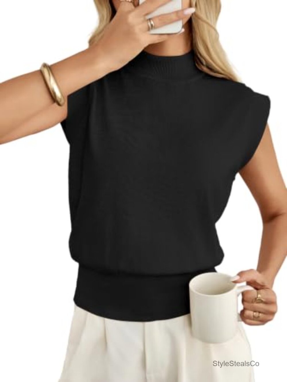 Womens Mock Neck Sweater Vest Tops Cinched Waist Lightweight Knitwear